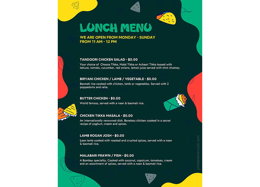 Download Lunch Takeout Menu for MS Word