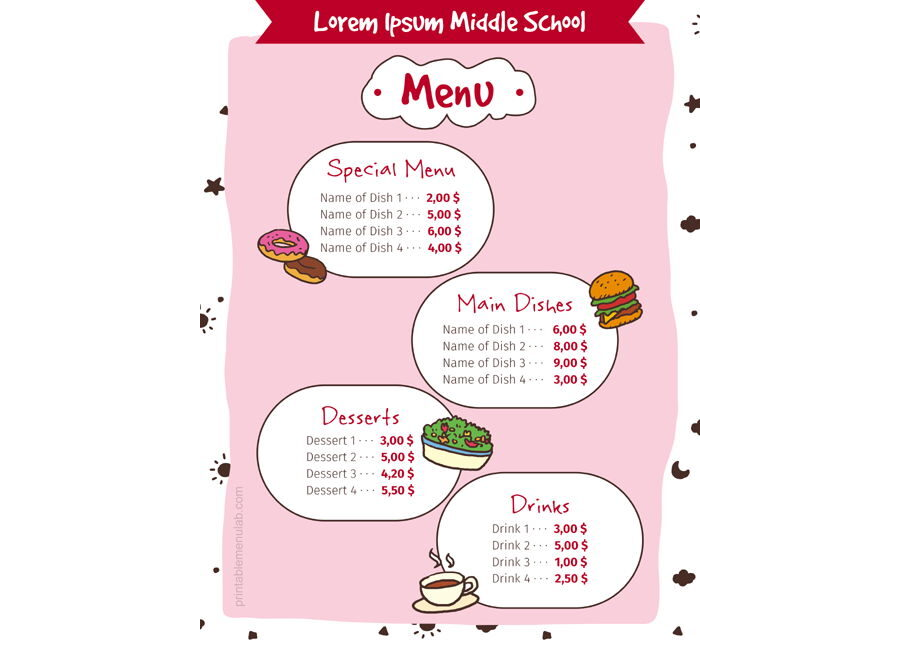 Download Standard Middle School Lunch Menu Sample