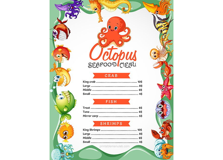 Download Seafood Menu template Specially for Octopus Dishes