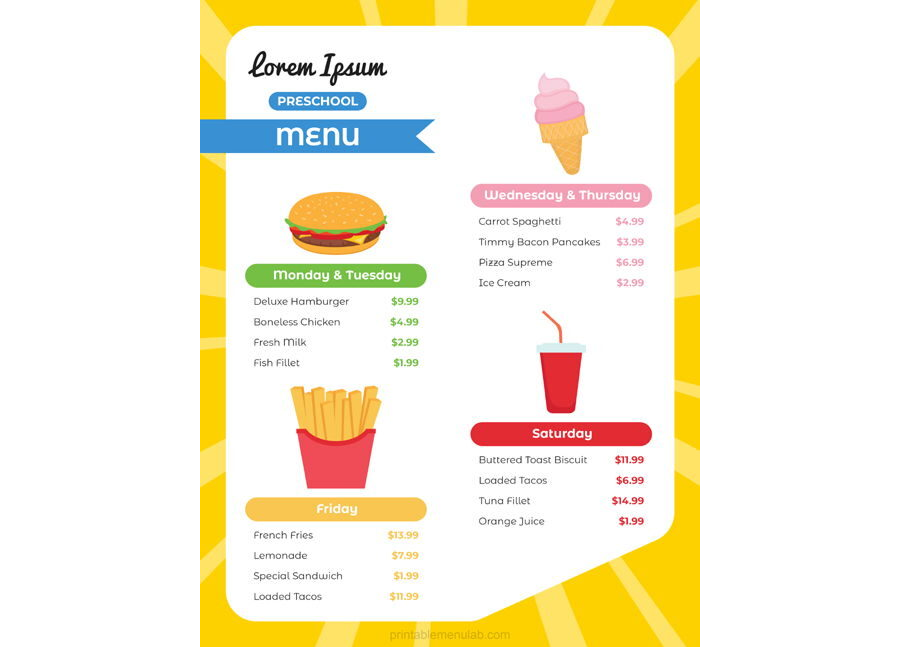 Download Weekly Preschool Lunch/Snack Menu Template [Letter size]