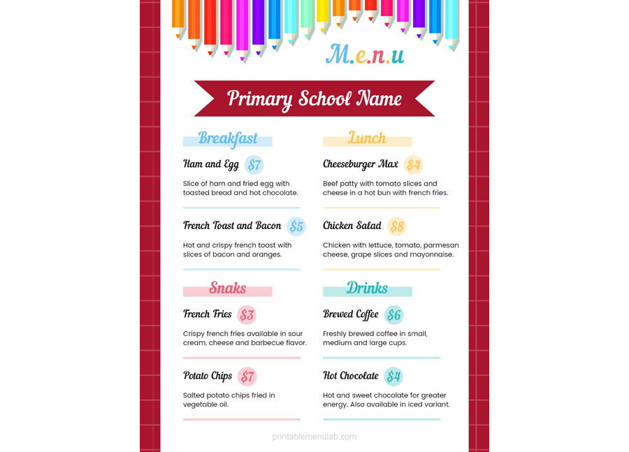 Download Customizable Primary School Lunch Menu Template