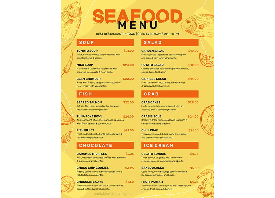 Download Printable General Seafood Menu Template for MS Word