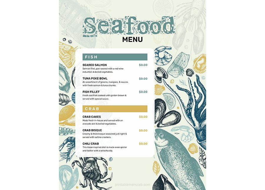 Download Takeout Menu for Seafood in MS Word