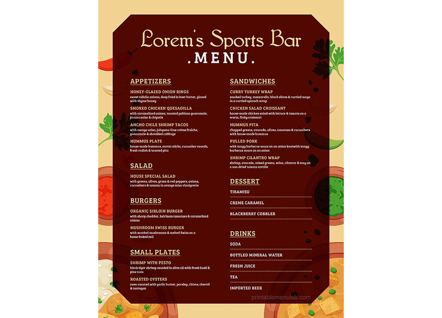 Download Takeout Menu for a Sports Bar