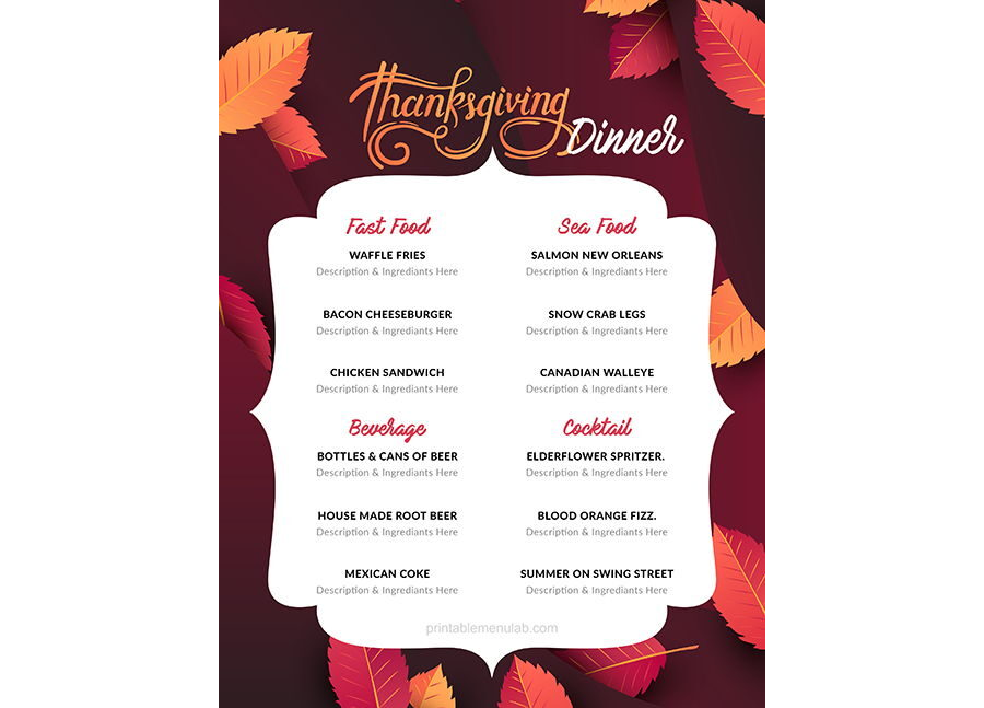 Download Traditional Thanksgiving Dinner Menu Template - MS Word