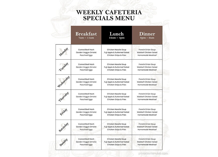 Download Weekly Cafeteria Specials Menu for MS Word