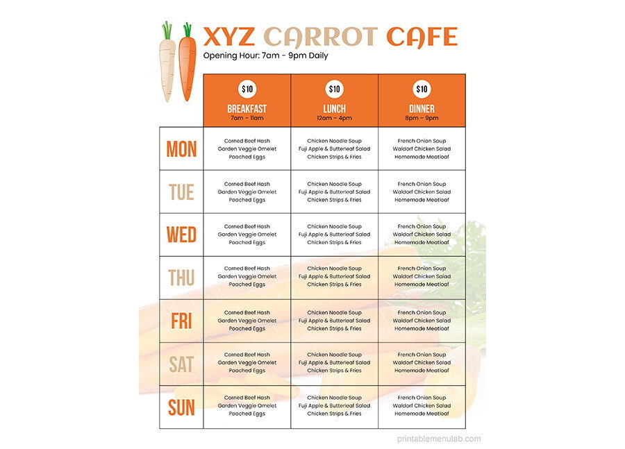 Download Weekly Carrot Cafe Menu Template in MS Word