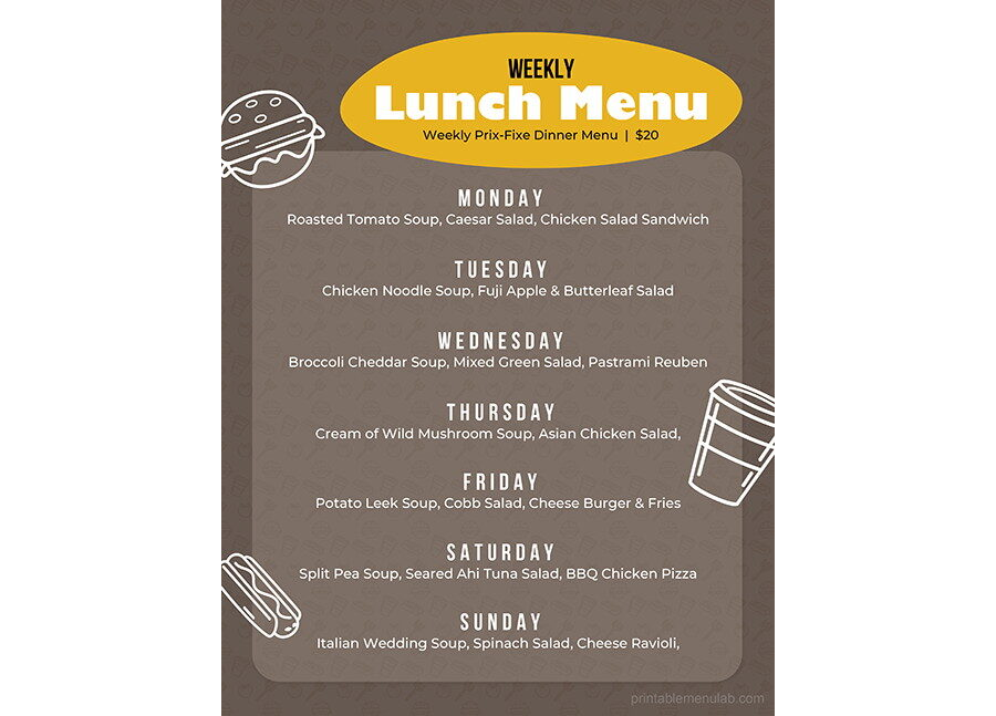Download Sample Weekly Lunch Menu Plan Template for MS Word